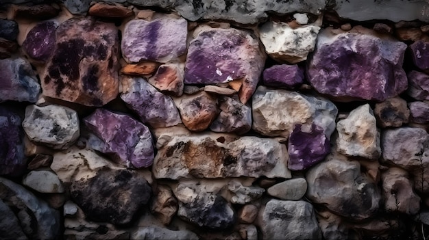 Piedras moradas en un muro de piedra