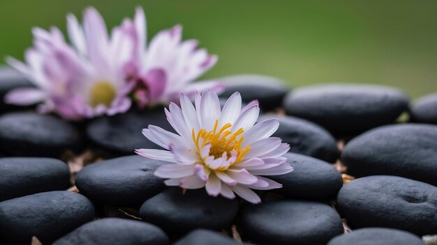 Piedras negras y flores