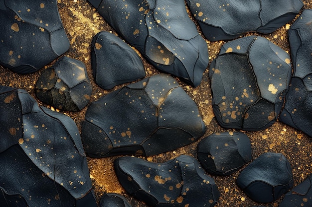 Foto piedras negras con manchas en un fondo dorado brillante