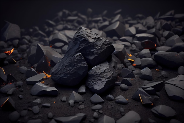 Piedras negras sobre un fondo negro Ilustración 3d de primer plano de carbón IA generativa