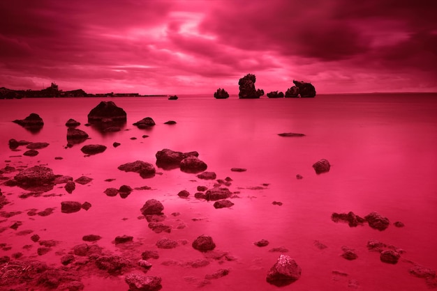 Piedras en la orilla del mar por la noche en color de moda viva magenta