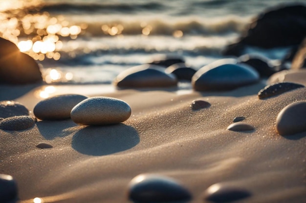 piedras en la playa con el sol reflejándose en ellas