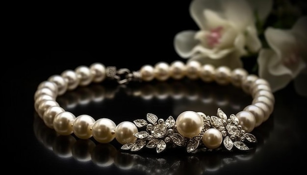Piedras preciosas brillantes adornan un elegante collar de perlas puro lujo generado por IA