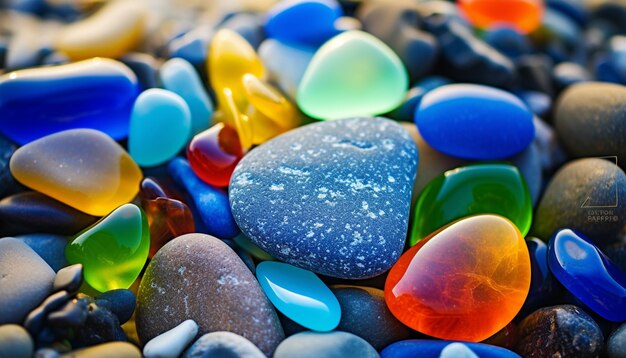 Piedras preciosas de colores en una playa con textura polaca