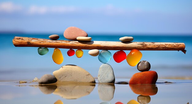 Foto piedras preciosas de colores sobre una rama de madera sobre un fondo gris