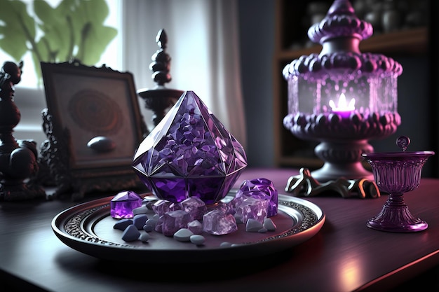 Piedras preciosas moradas mágicas para la práctica espiritual esotérica Healing Crystal Ritual Witchcraft predicciones futuras Ilustración generativa de IA