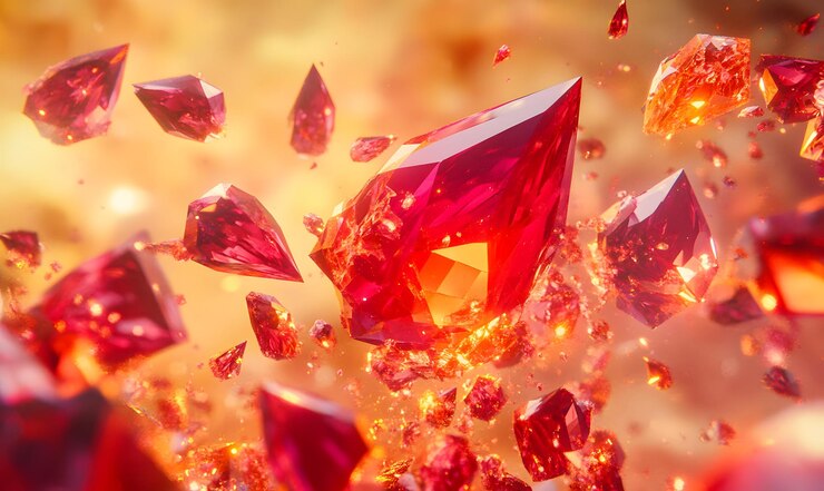 Foto las piedras preciosas rojas brillantes flotando en la luz cálida
