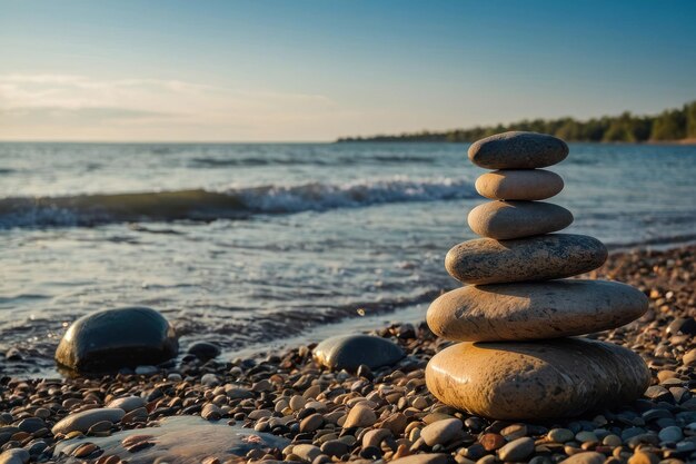 Foto piedras de río apiladas en la esquina de la playa