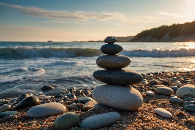 Foto piedras de río apiladas en la esquina de la playa