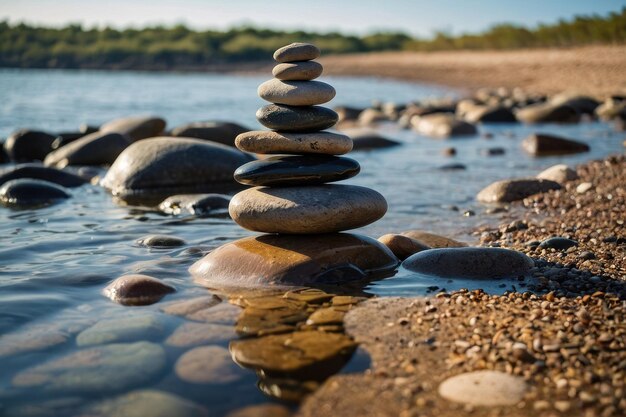 piedras de río apiladas en la esquina de la playa