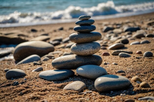 piedras de río apiladas en la esquina de la playa