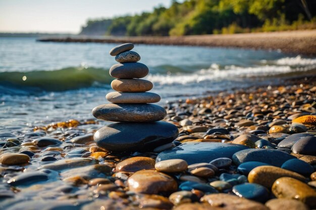 piedras de río apiladas en la esquina de la playa