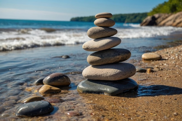 Foto piedras de río apiladas en la esquina de la playa