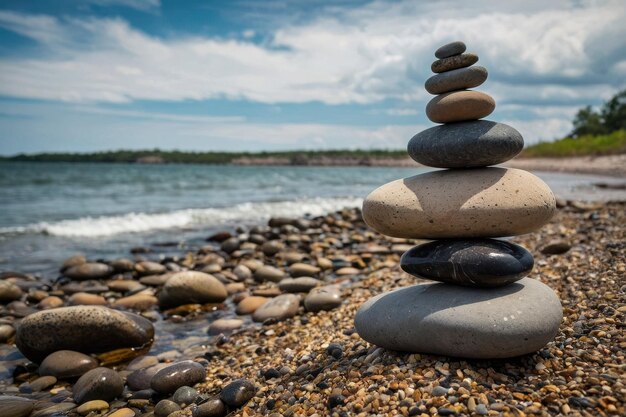 Foto piedras de río apiladas en la esquina de la playa