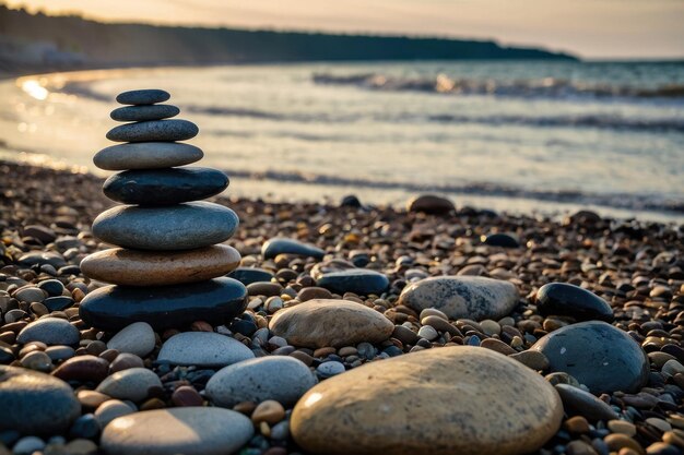 piedras de río apiladas en la esquina de la playa