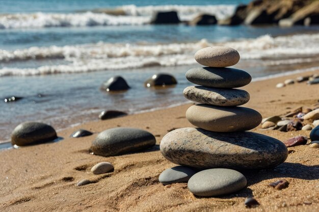 Foto piedras de río apiladas en la esquina de la playa