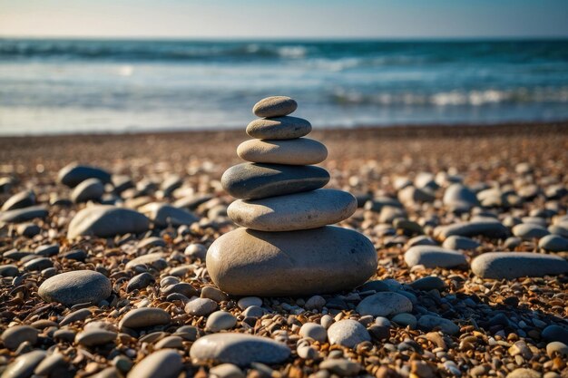 Foto piedras de río apiladas en la esquina de la playa