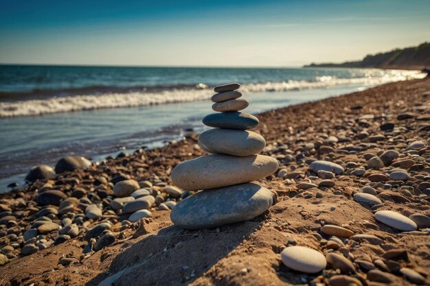 Foto piedras de río apiladas en la esquina de la playa