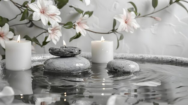 Foto las piedras del spa, el agua que fluye, las velas, las flores, los masajes, los tratamientos, los aromas, la relajación, el mimetismo, el concepto, la aromaterapia, los tratamentos del spa, la relaxación, el mametismo, la masaje con agua que fluye, las candelas, las piedras, las flores.