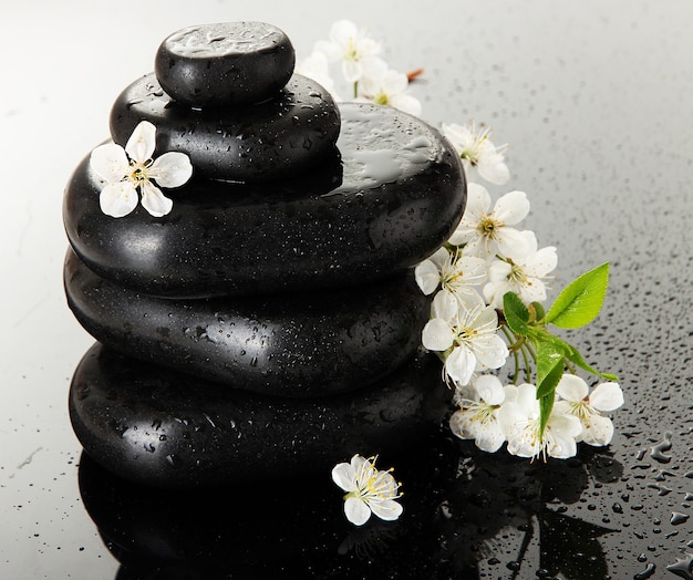 Piedras de spa y flores blancas sobre gris