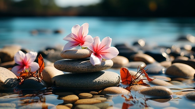 Piedras de spa con flores en la playa de arena concepto de fitness de spa