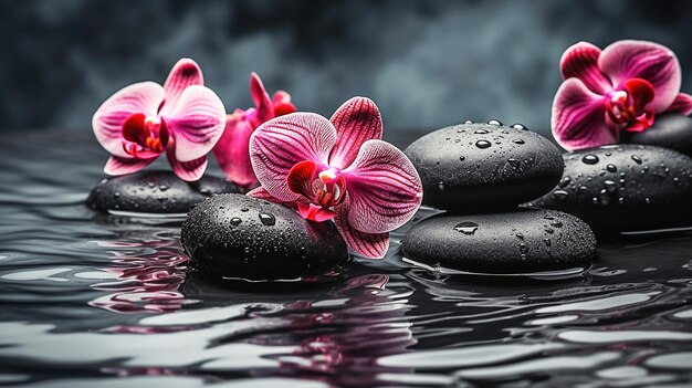 Piedras Spa generativas Ai con orquídeas rosas