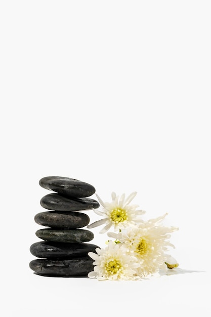 Foto piedras de spa negras apiladas con flores sobre fondo blanco