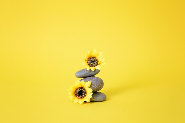 Piedras de terapia con flores amarillas Foto de alta calidad.