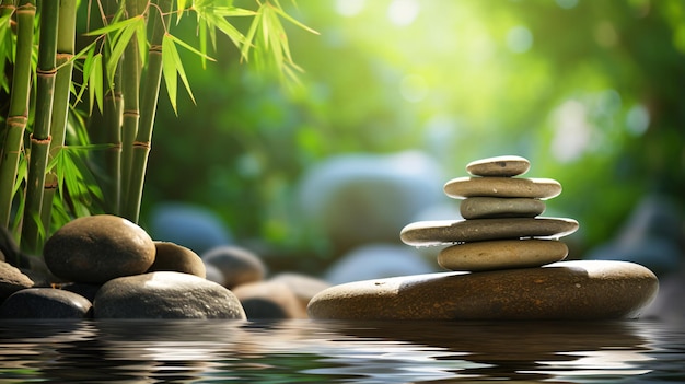 Foto piedras zen en el agua con bambú y fondo bokeh concepto de spa