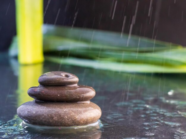 Piedras zen con agua sobre fondo negro con hojas