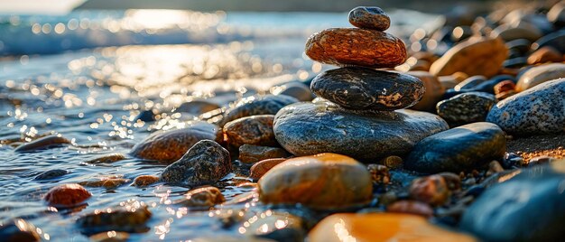 Las piedras zen apiladas por el agua tranquila al atardecer