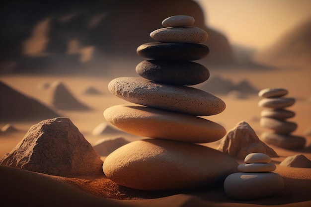 Piedras zen apiladas arena fondo arte del equilibrio Ilustración IA generativa