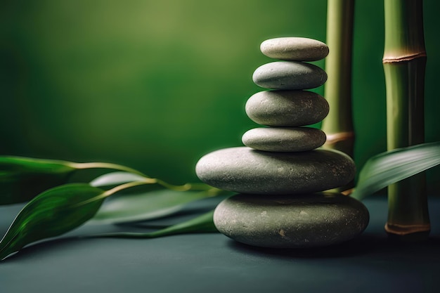 Piedras zen apiladas una encima de la otra de pie sobre fondo verde con hojas de bambú espacio de copia IA generativa