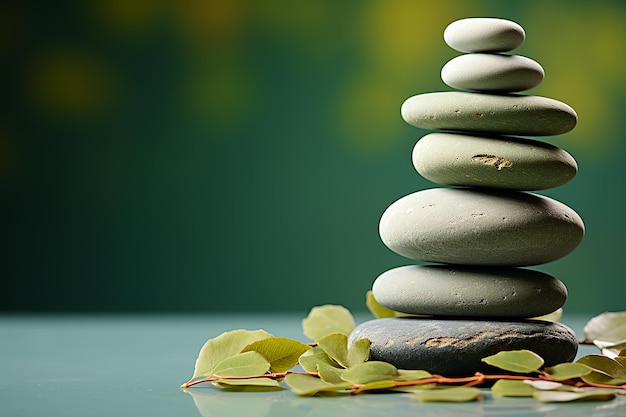 Foto piedras zen apiladas sobre fondo verde en salud y bienestar