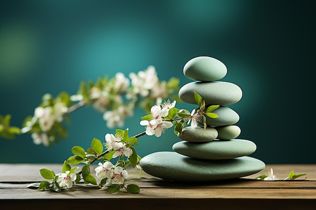 Piedras Zen apiladas sobre fondo verde en salud y bienestar