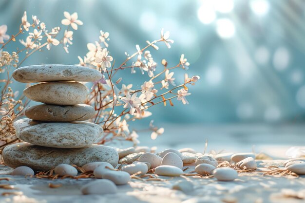 Las piedras zen apiladas con un telón de fondo de delicadas flores blancas y piedras que evocan una sensación de equilibrio