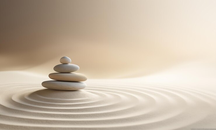 Las piedras zen se apilan sobre la arena rastrillada en un entorno minimalista para el equilibrio y la armonía