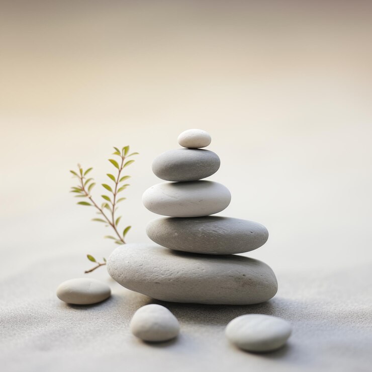 Las piedras zen se apilan sobre las olas de arena en un entorno minimalista para el equilibrio y la armonía