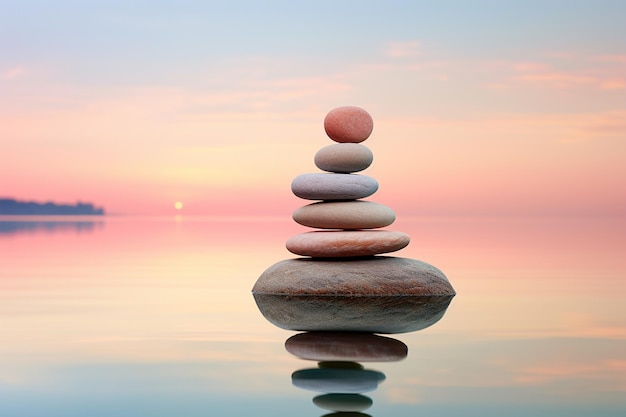 Piedras Zen Arreglo equilibrado de piedras lisas en un lago tranquilo