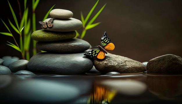 Piedras zen y bambú en el agua Piedras zen revestidas con guijarros y mariposas IA generativa