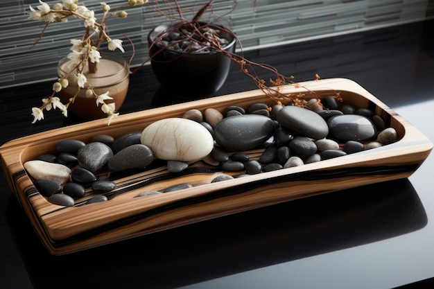 Piedras zen y bambú en una bandeja de bañera.