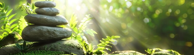 Foto piedras zen en un entorno verde exuberante con la luz del sol filtrando a través