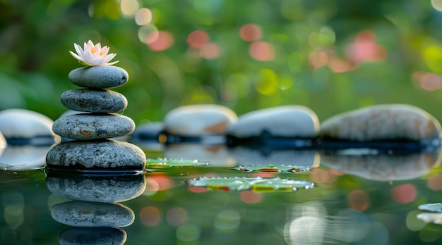 Las piedras zen equilibradas en el agua serena