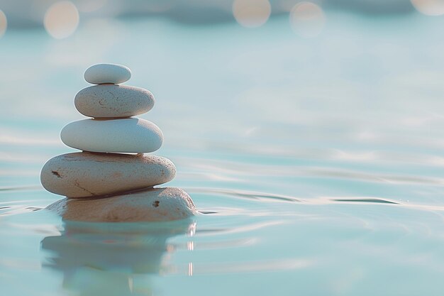 Las piedras zen en equilibrio en aguas tranquilas