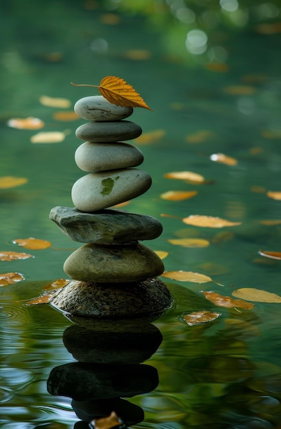 Piedras Zen en equilibrio con hojas de otoño en la parte superior