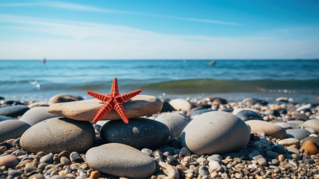 Piedras zen y estrellas de mar rojas en la playa con fondo de cielo azul