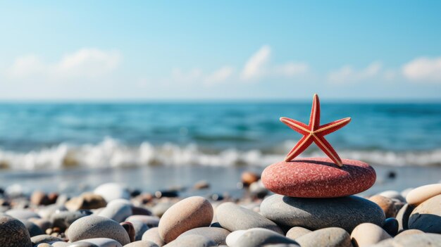 Piedras zen y estrellas de mar rojas en la playa con fondo de cielo azul