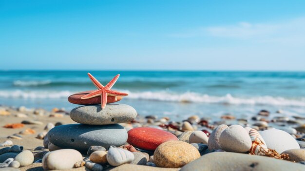 Piedras zen y estrellas de mar rojas en la playa con fondo de cielo azul