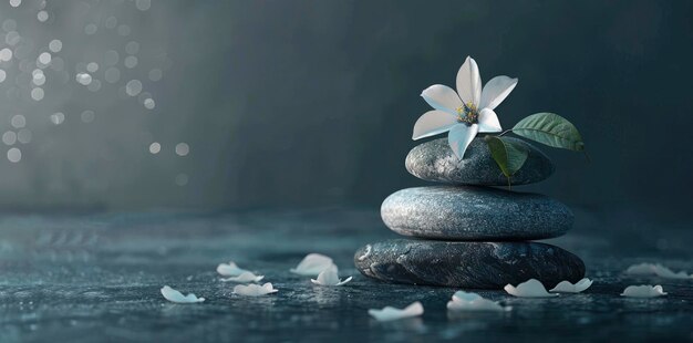 piedras zen y una flor blanca sobre un fondo gris