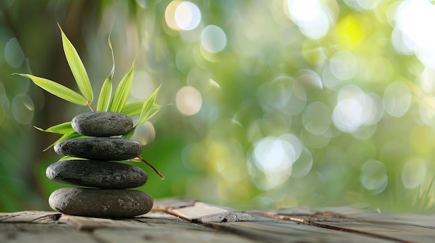 piedras zen con hojas de bambú